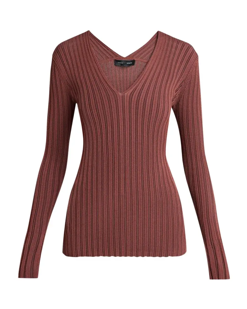 Proenza Schouler Roux V-Neck Silk-Blend Rib Long-Sleeve Top