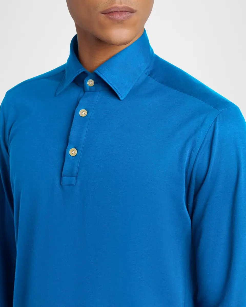Kiton Men's Cotton Pique Long-Sleeve Polo Shirt | Thumbnail 3 Kiton Men's Cotton Pique Long-Sleeve Polo Shirt | Thumbnail 3