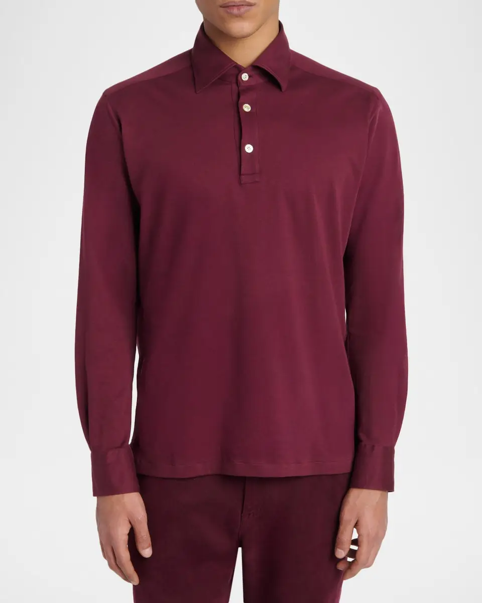 Kiton Men's Cotton Pique Long-Sleeve Polo Shirt | Thumbnail 2 Kiton Men's Cotton Pique Long-Sleeve Polo Shirt | Thumbnail 2