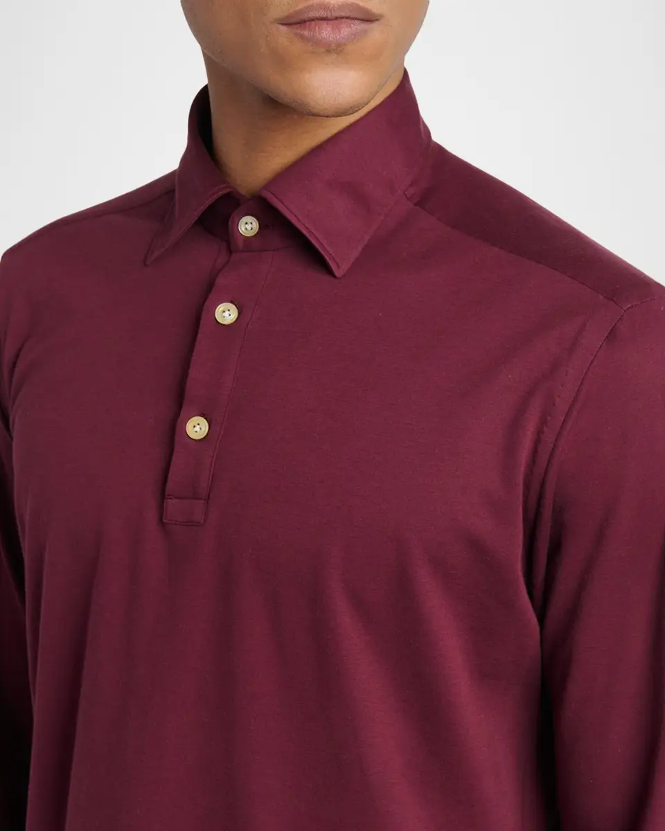 Kiton Men's Cotton Pique Long-Sleeve Polo Shirt | Thumbnail 3 Kiton Men's Cotton Pique Long-Sleeve Polo Shirt | Thumbnail 3