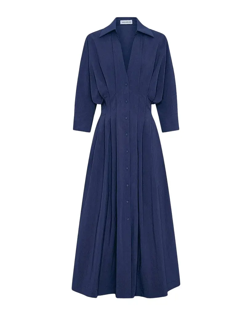 NICHOLAS Lanae Pleated V-Neck Midi Shirtdress