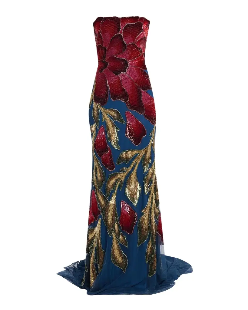 THEIA Marie Strapless Beaded Floral Gown