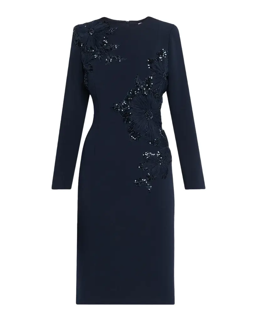 Rickie Freeman for Teri Jon Sequin Floral Applique Crepe Dress