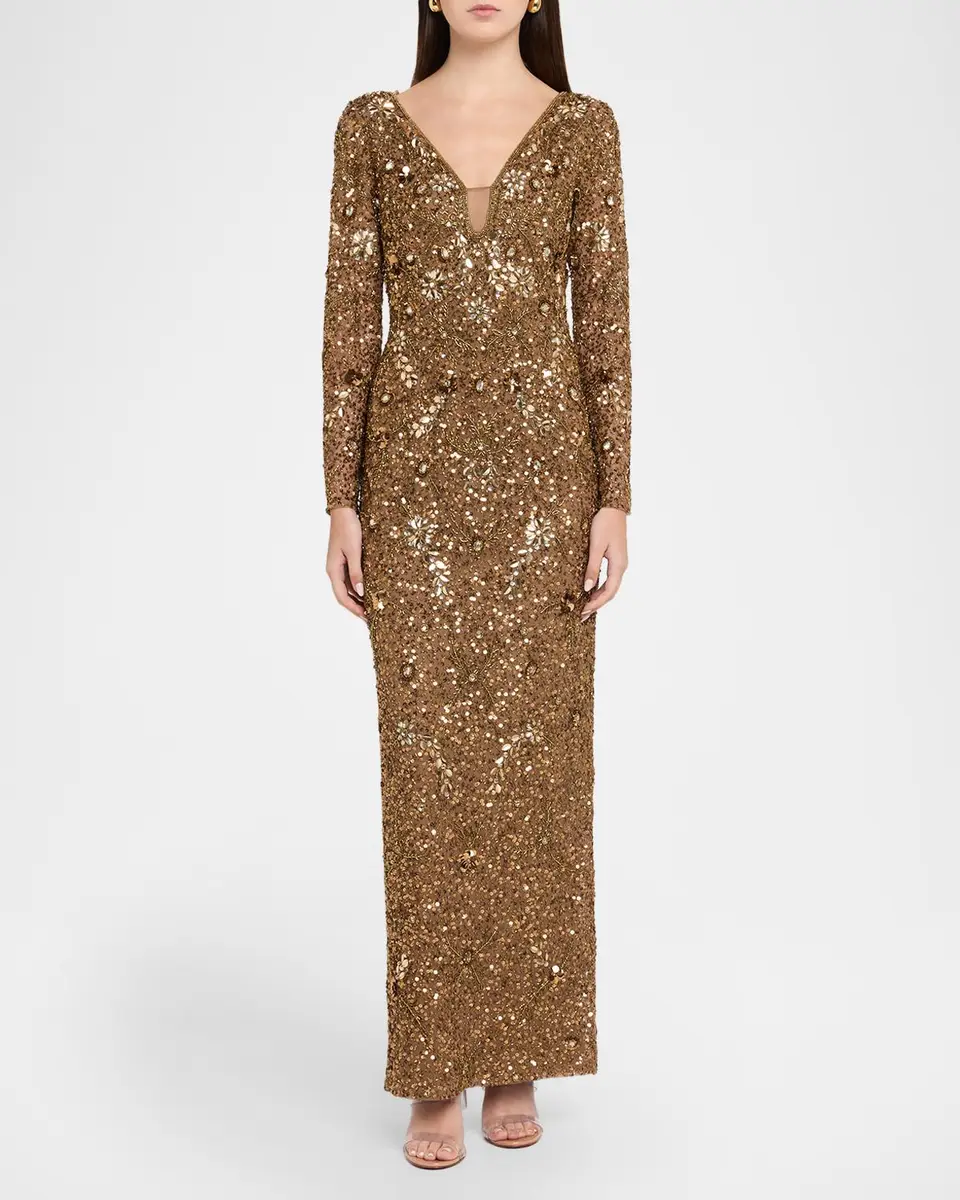 Aidan Mattox Beaded Mesh-Inset Column Gown | Thumbnail 2 Aidan Mattox Beaded Mesh-Inset Column Gown | Thumbnail 2