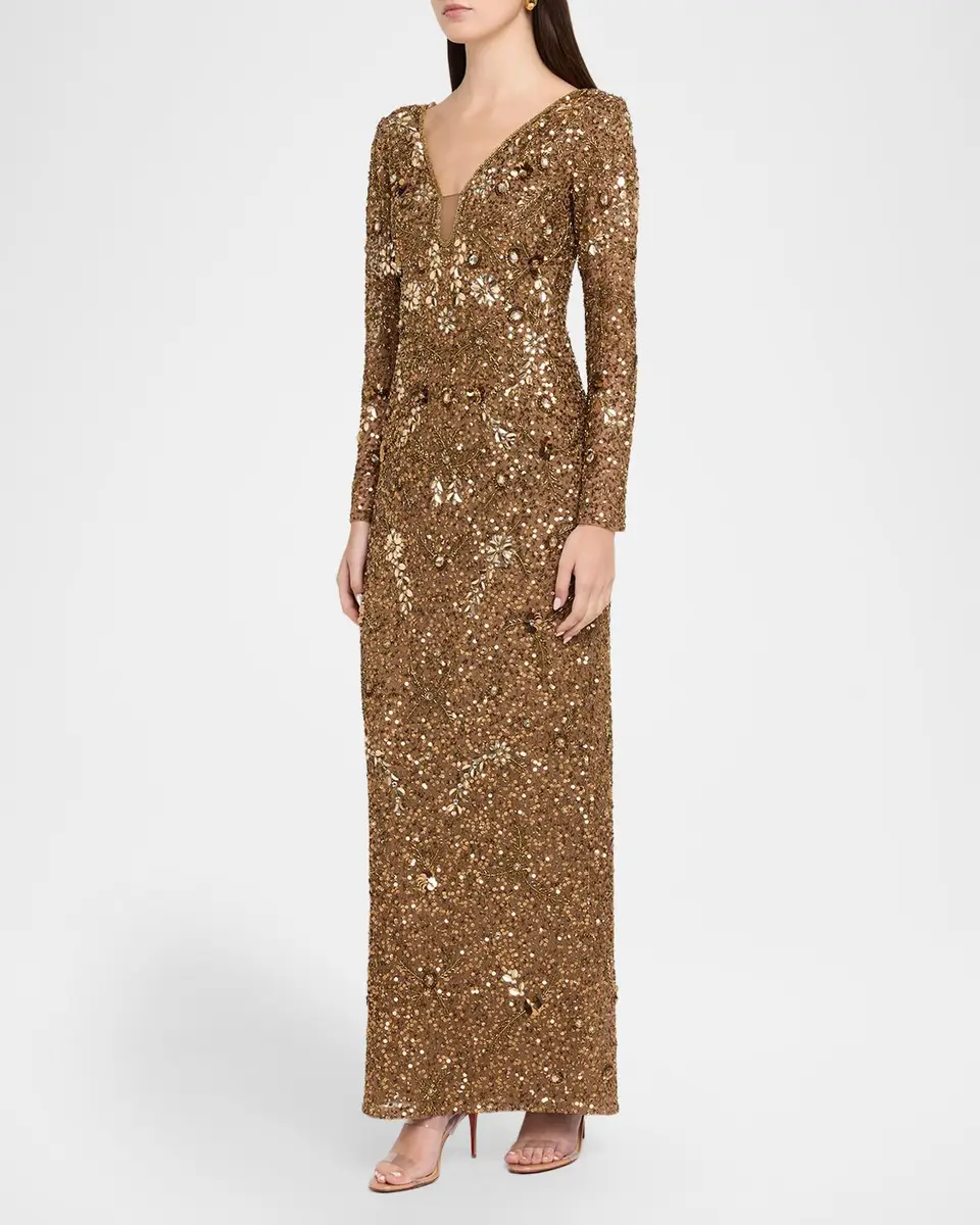 Aidan Mattox Beaded Mesh-Inset Column Gown | Thumbnail 4 Aidan Mattox Beaded Mesh-Inset Column Gown | Thumbnail 4