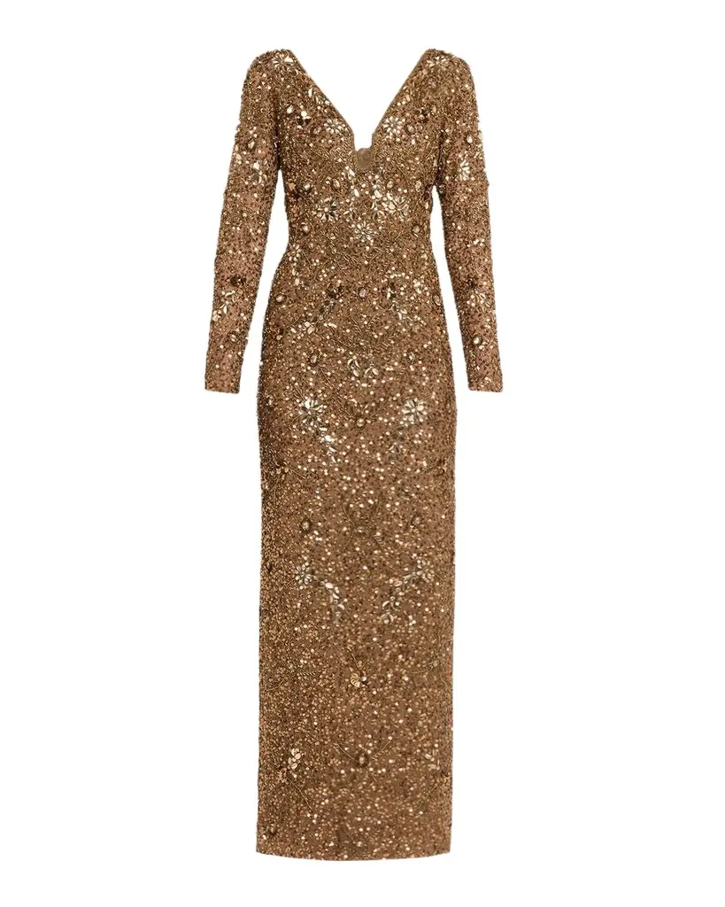 Aidan Mattox Beaded Mesh-Inset Column Gown