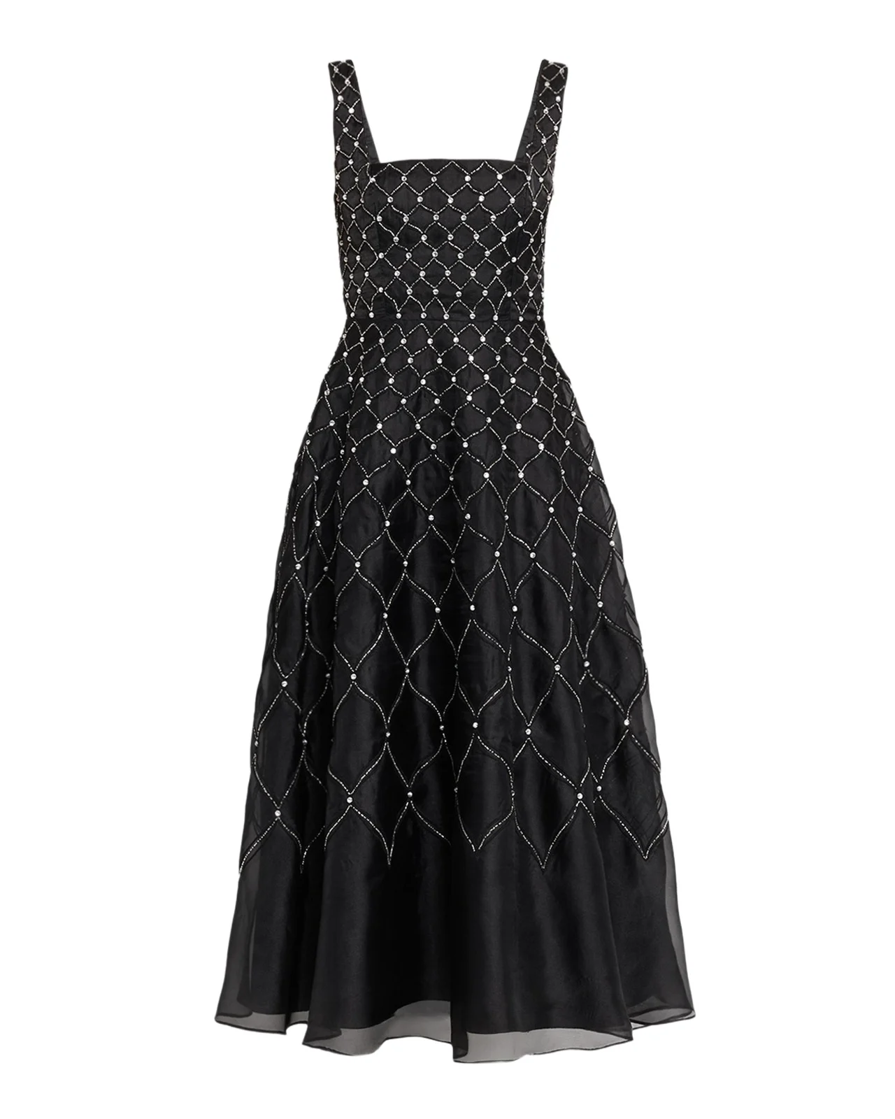 Sleeveless Square-Neck Beaded Midi Dress