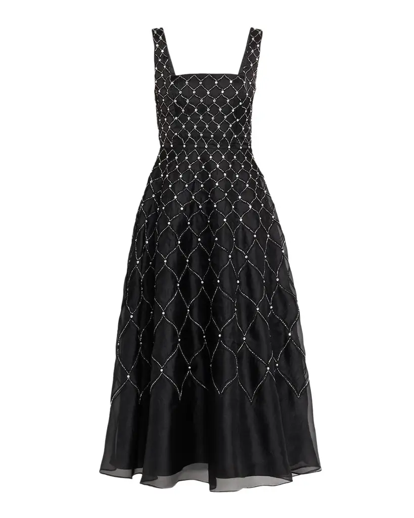 Aidan Mattox Sleeveless Square-Neck Beaded Midi Dress