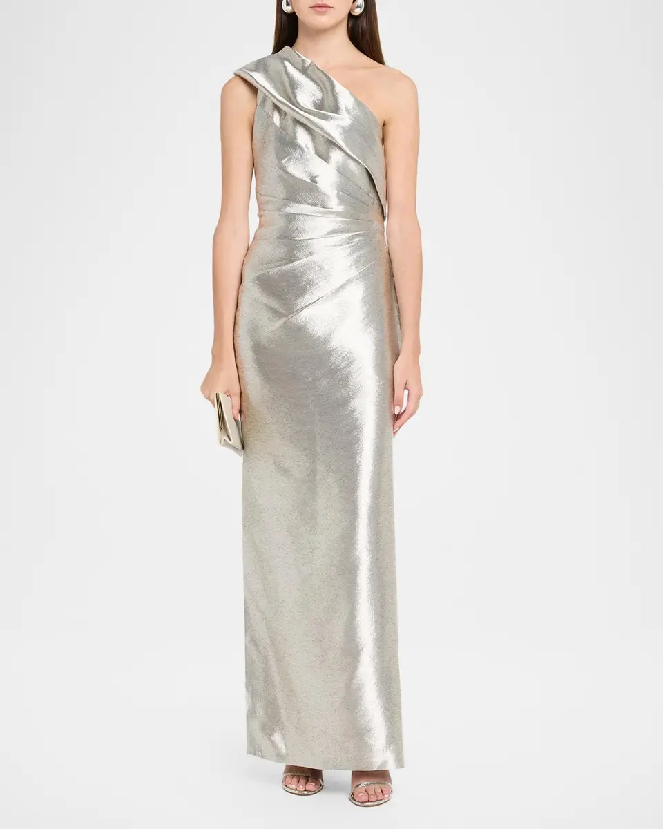 Aidan Mattox Pleated One-Shoulder Metallic Jacquard Gown | Thumbnail 2 Aidan Mattox Pleated One-Shoulder Metallic Jacquard Gown | Thumbnail 2