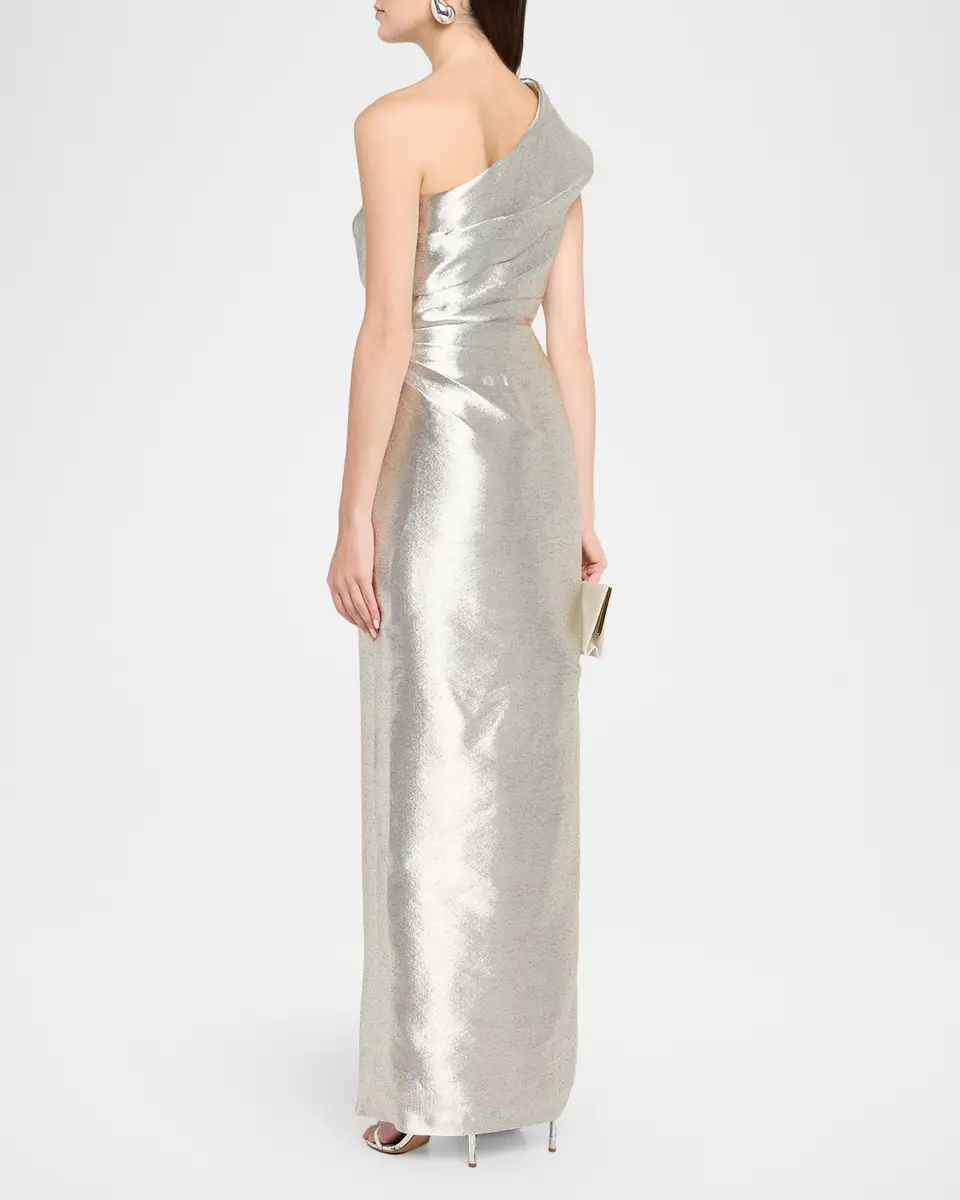 Aidan Mattox Pleated One-Shoulder Metallic Jacquard Gown | Thumbnail 3 Aidan Mattox Pleated One-Shoulder Metallic Jacquard Gown | Thumbnail 3