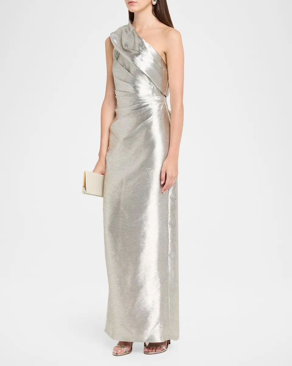 Aidan Mattox Pleated One-Shoulder Metallic Jacquard Gown | Thumbnail 4 Aidan Mattox Pleated One-Shoulder Metallic Jacquard Gown | Thumbnail 4