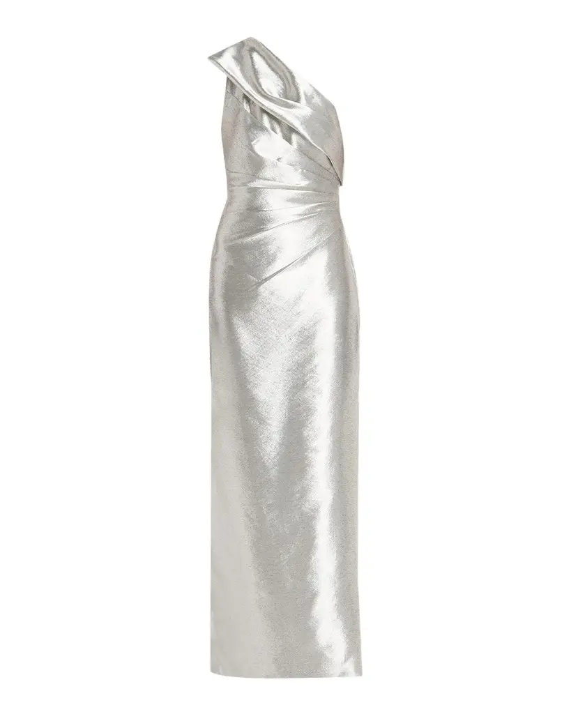 Aidan Mattox Pleated One-Shoulder Metallic Jacquard Gown