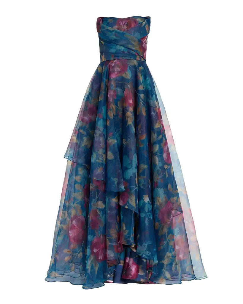 THEIA Neve Strapless Floral High-Low Gown