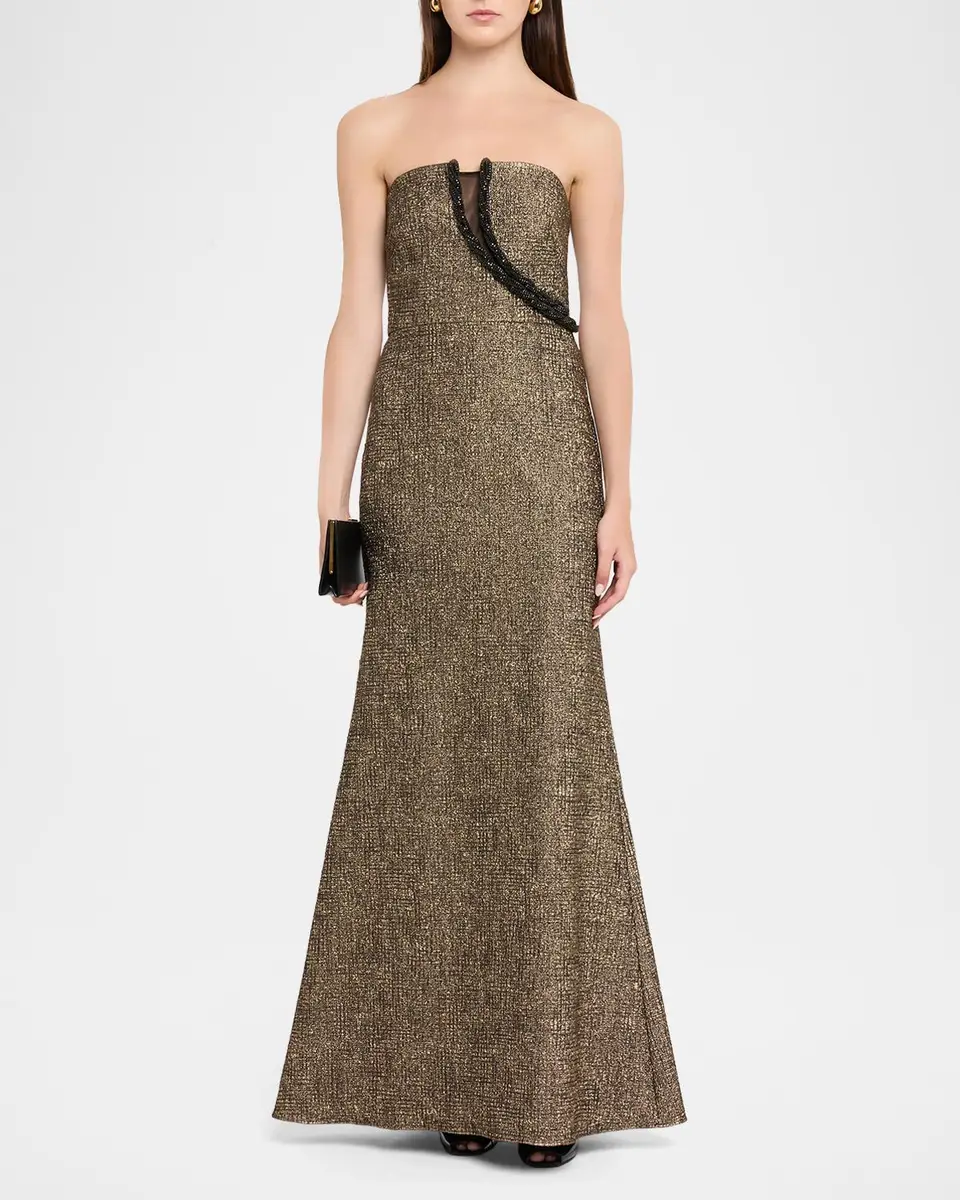 Aidan Mattox Strapless Bead-Trim Stretch Jacquard Gown | Thumbnail 2