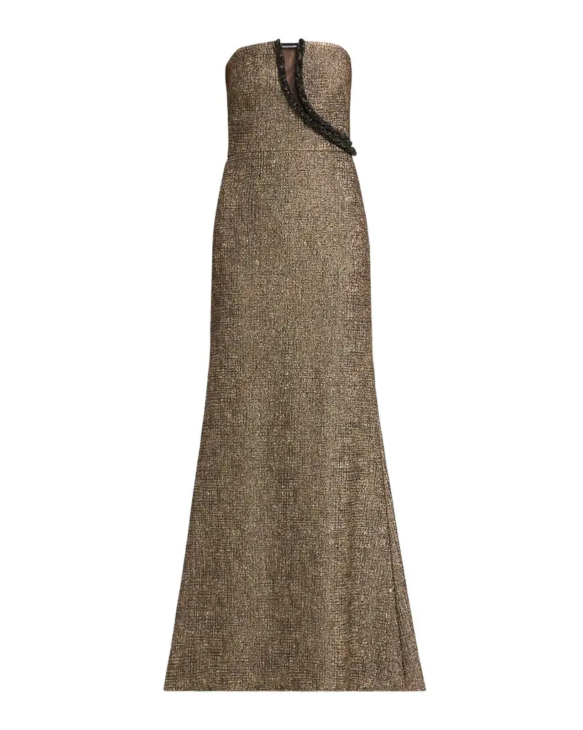 Strapless Bead-Trim Stretch Jacquard Gown Strapless Bead-Trim Stretch Jacquard Gown