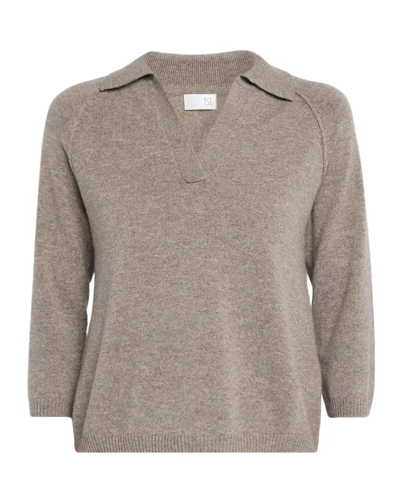 TSE Cashmere Cashmere 3/4-Sleeve Polo Sweater