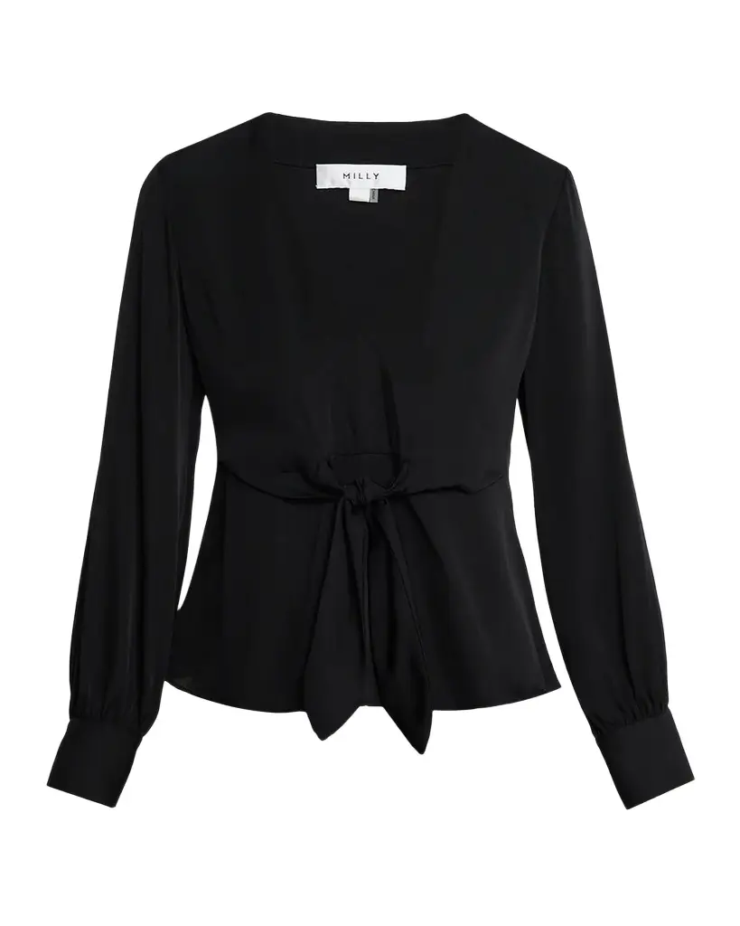 Milly Noa Stretch-Silk Tie V-Neck Top
