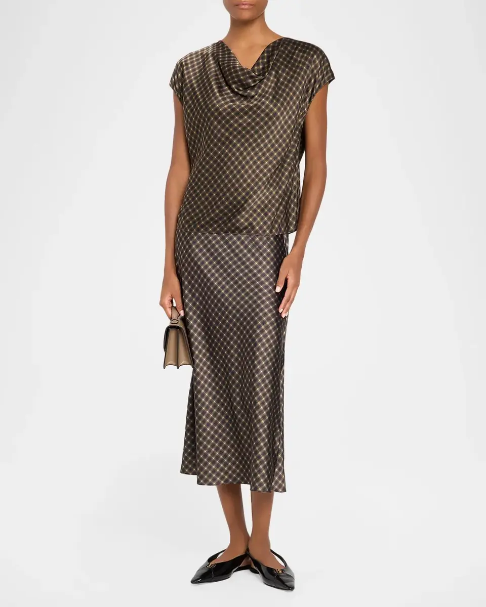 Vince Ombré Plaid Silk Satin Cowl-Neck Blouse | Thumbnail 2 Vince Ombré Plaid Silk Satin Cowl-Neck Blouse | Thumbnail 2