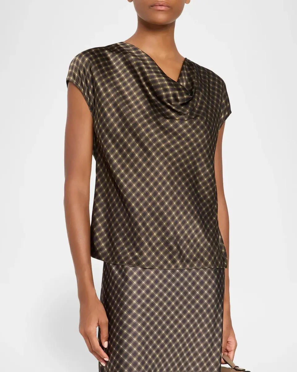 Vince Ombré Plaid Silk Satin Cowl-Neck Blouse | Thumbnail 4 Vince Ombré Plaid Silk Satin Cowl-Neck Blouse | Thumbnail 4