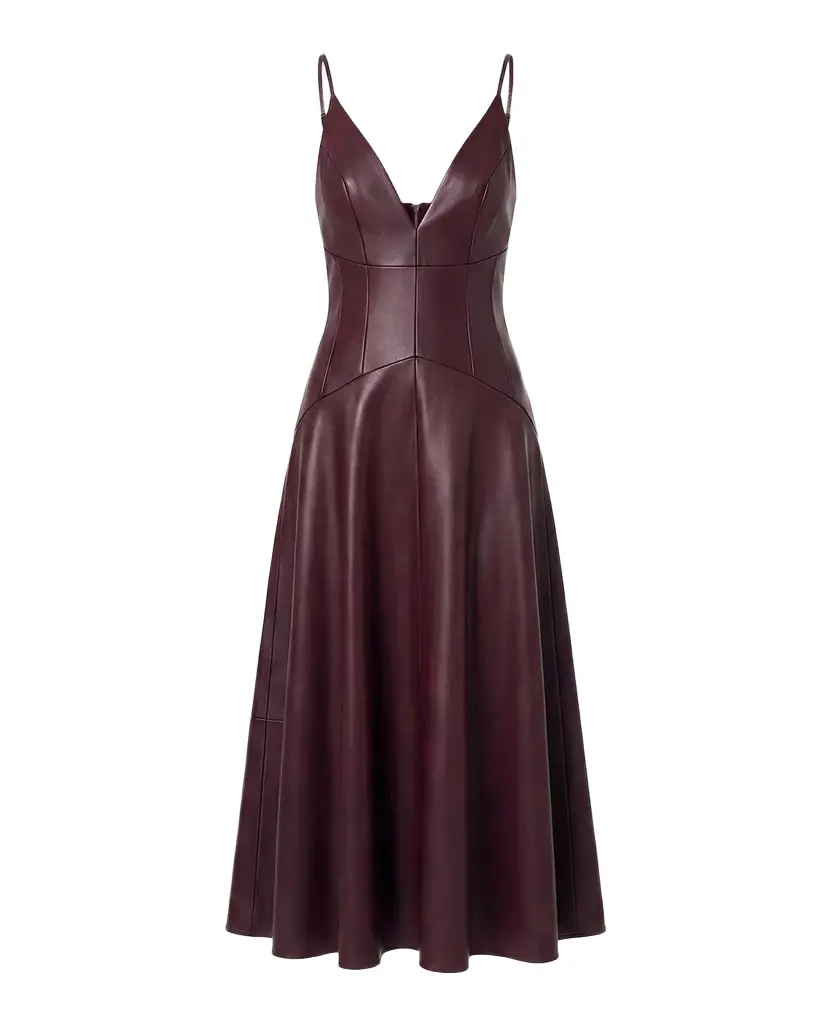 NICHOLAS Nora Faux-Leather Plunge Neck Midi Dress
