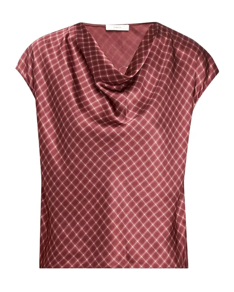 Vince Ombré Plaid Silk Satin Cowl-Neck Blouse