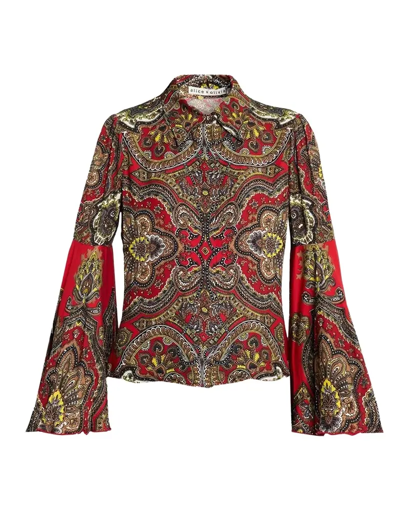 Alice + Olivia Willa Printed Bell-Sleeve Top