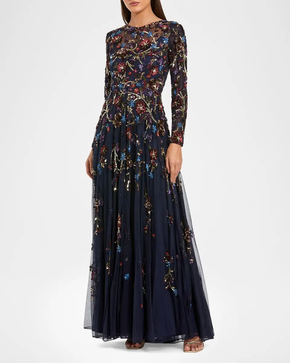 Mac Duggal Floral Beaded Mesh A-Line Gown | Thumbnail 2 Mac Duggal Floral Beaded Mesh A-Line Gown | Thumbnail 2