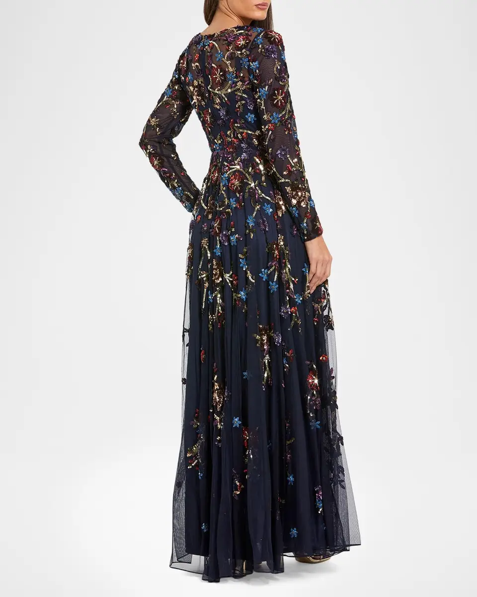 Mac Duggal Floral Beaded Mesh A-Line Gown | Thumbnail 3 Mac Duggal Floral Beaded Mesh A-Line Gown | Thumbnail 3