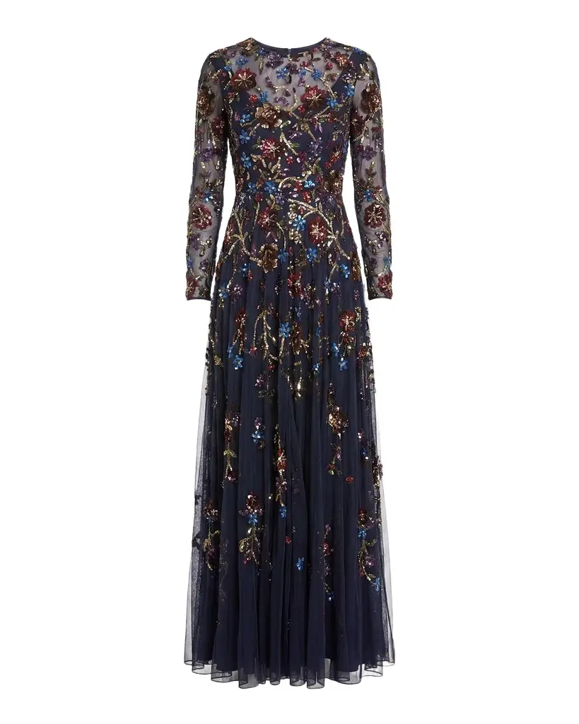 Mac Duggal Floral Beaded Mesh A-Line Gown