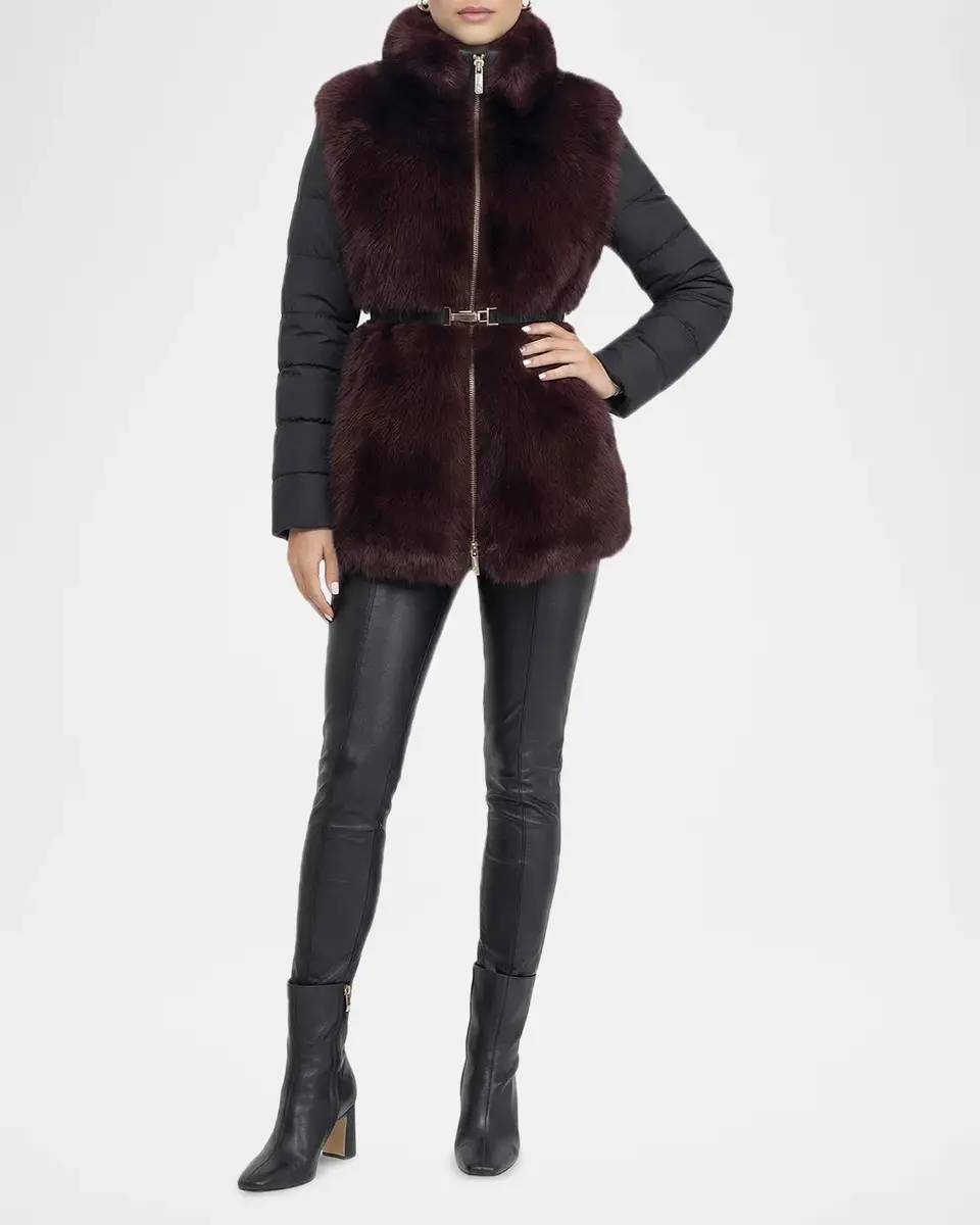 Gorski Select Lamb Shearling Belted Jacket with Quilted Sleeves and Back | Thumbnail 2 Gorski Select Lamb Shearling Belted Jacket with Quilted Sleeves and Back | Thumbnail 2