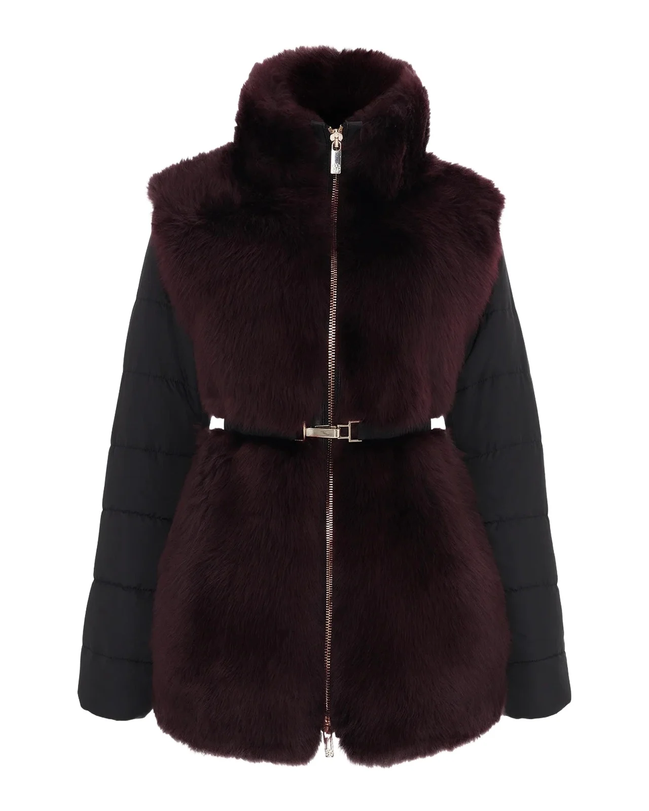 Select Lamb Shearling Belted Jacket with Quilted Sleeves and Back Select Lamb Shearling Belted Jacket with Quilted Sleeves and Back