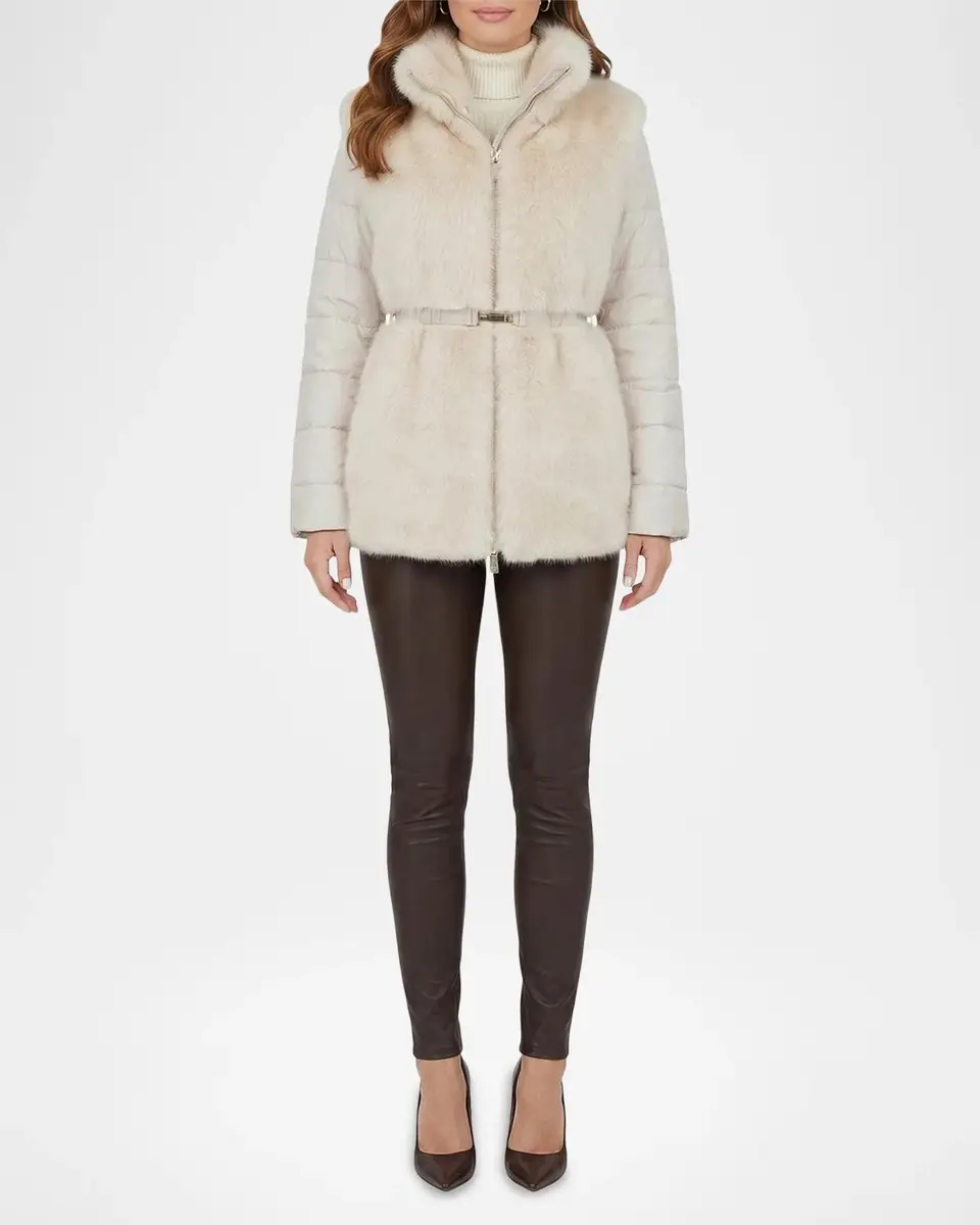 Gorski Select Lamb Shearling Belted Jacket with Quilted Sleeves and Back | Thumbnail 2 Gorski Select Lamb Shearling Belted Jacket with Quilted Sleeves and Back | Thumbnail 2