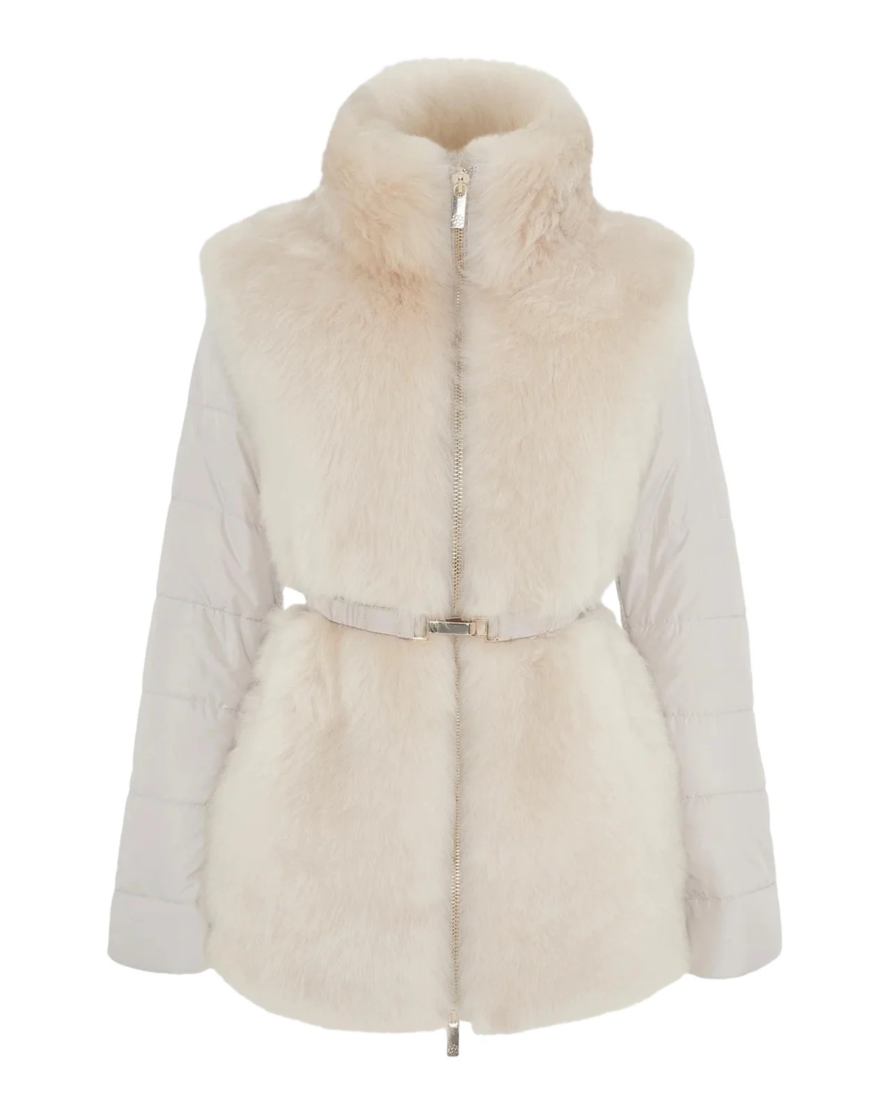 Select Lamb Shearling Belted Jacket with Quilted Sleeves and Back