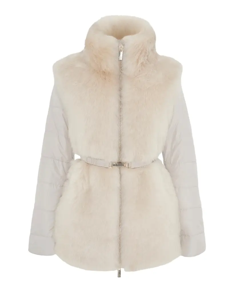 Select Lamb Shearling Belted Jacket with Quilted Sleeves and Back Select Lamb Shearling Belted Jacket with Quilted Sleeves and Back