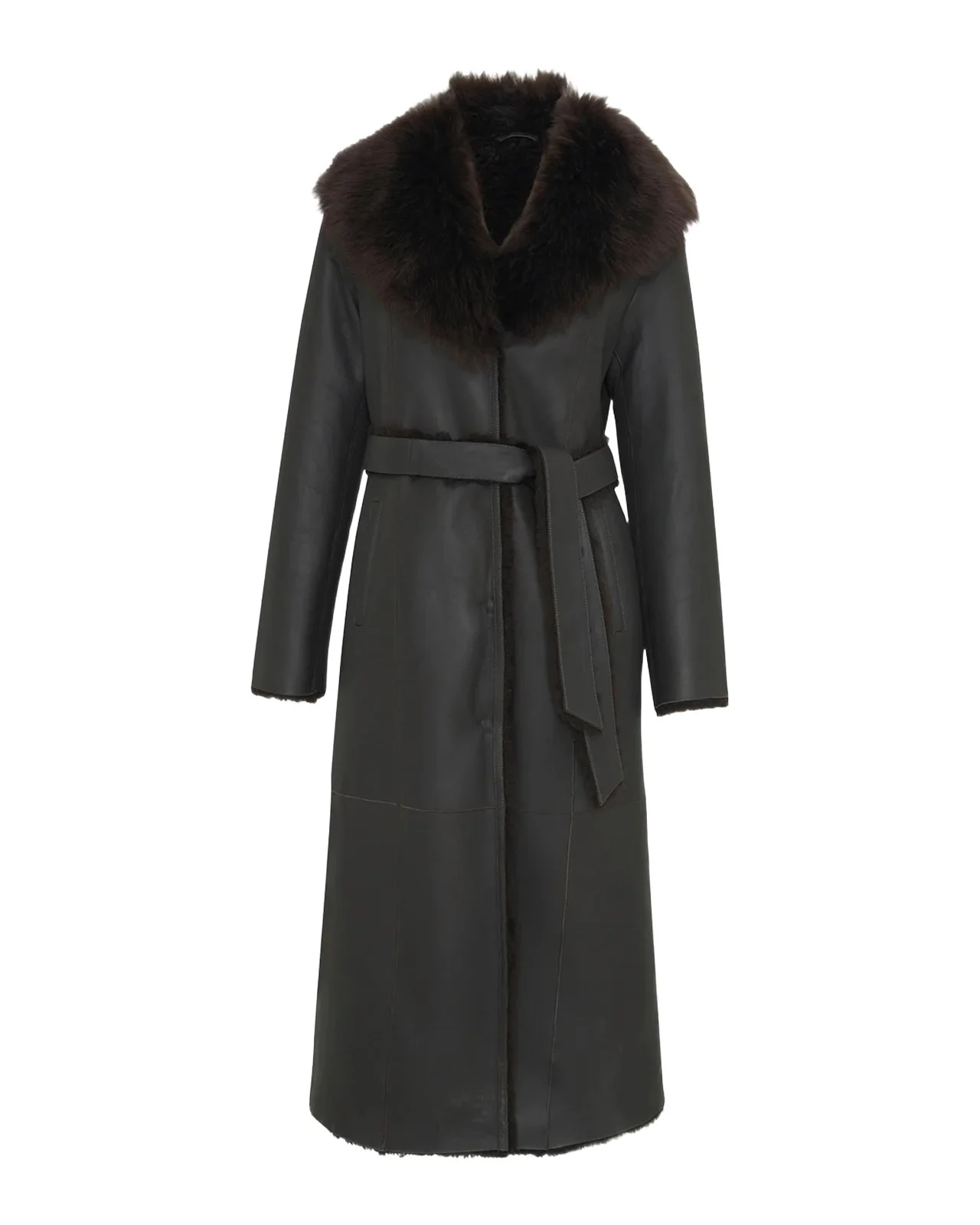 Merino Lamb Shearling Belted Long Coat