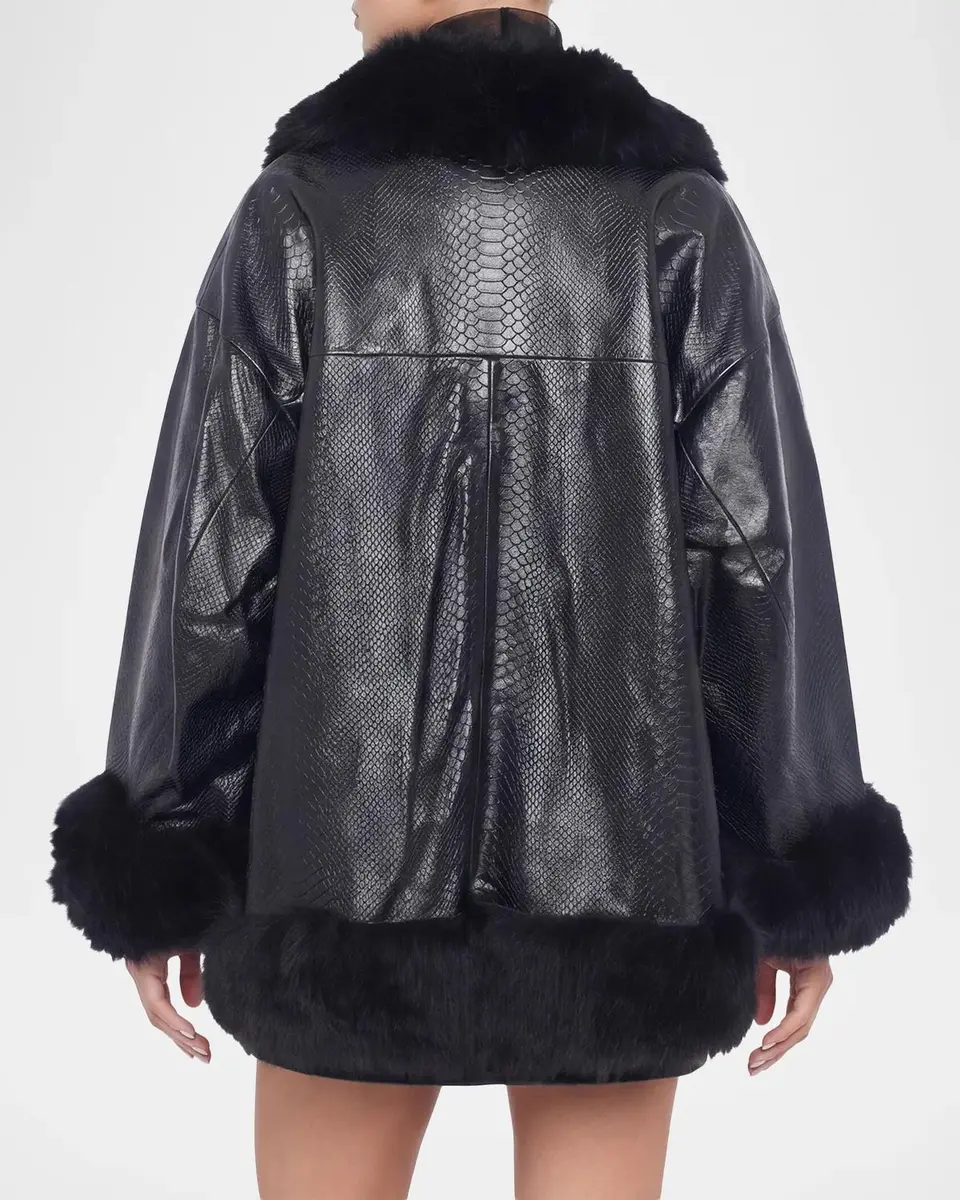 Gorski Python Embossed Leather Coat With Merinillo Lamb Shearling Trim | Thumbnail 3 Gorski Python Embossed Leather Coat With Merinillo Lamb Shearling Trim | Thumbnail 3