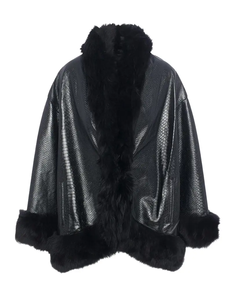 Python Embossed Leather Coat With Merinillo Lamb Shearling Trim Python Embossed Leather Coat With Merinillo Lamb Shearling Trim