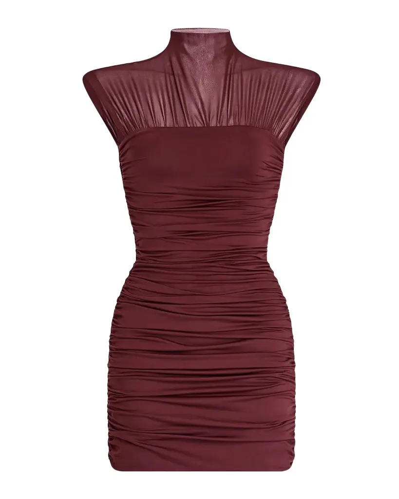 Paola Mock-Neck Cap-Sleeve Ruched Mini Dress Paola Mock-Neck Cap-Sleeve Ruched Mini Dress