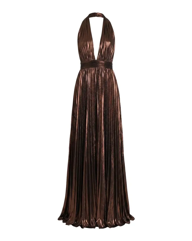 Retrofête Jadda Pleated Metallic Maxi Dress