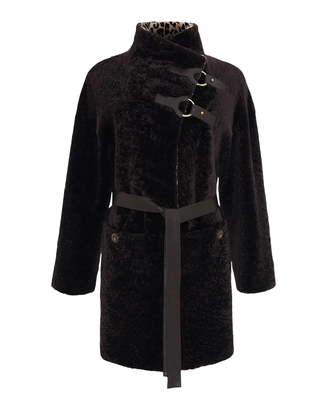 Belted Stand-Collar Shearling Coat Belted Stand-Collar Shearling Coat