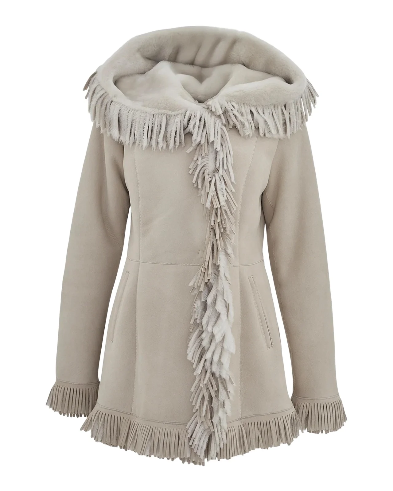 Merino Shearling Lamb Parka With Fringes, Suede Finish Merino Shearling Lamb Parka With Fringes, Suede Finish