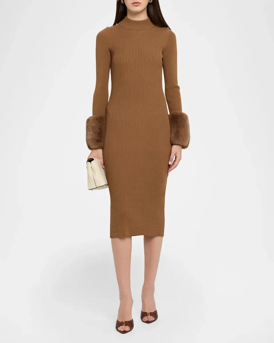 Elie Tahari The Savannah Faux Fur-Cuff Midi Sweater Dress | Thumbnail 2 Elie Tahari The Savannah Faux Fur-Cuff Midi Sweater Dress | Thumbnail 2