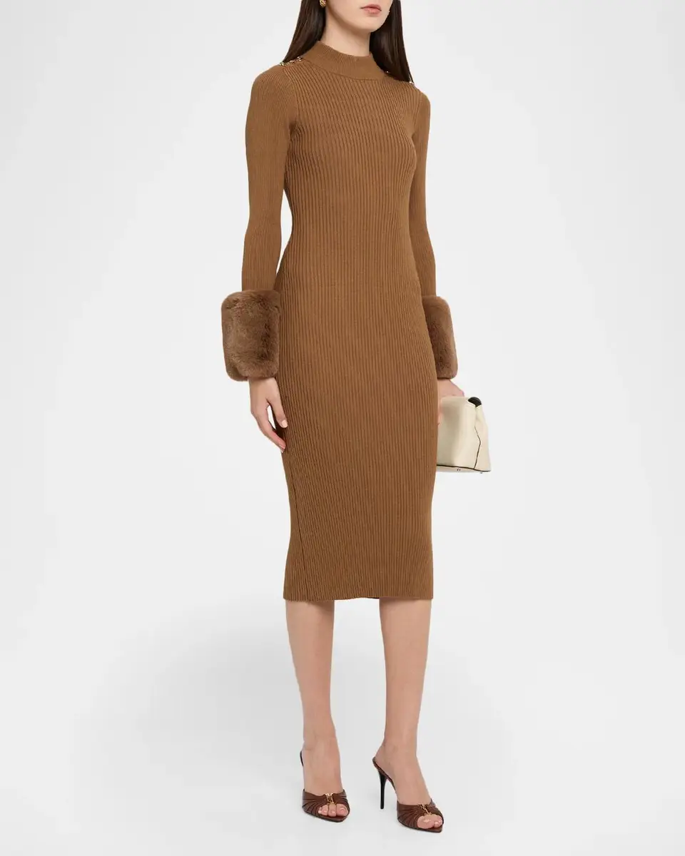 Elie Tahari The Savannah Faux Fur-Cuff Midi Sweater Dress | Thumbnail 4 Elie Tahari The Savannah Faux Fur-Cuff Midi Sweater Dress | Thumbnail 4