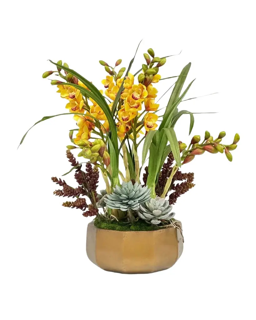 Winward Home Orchid & Succulent Floral Arrangement in Golden Pot 25"