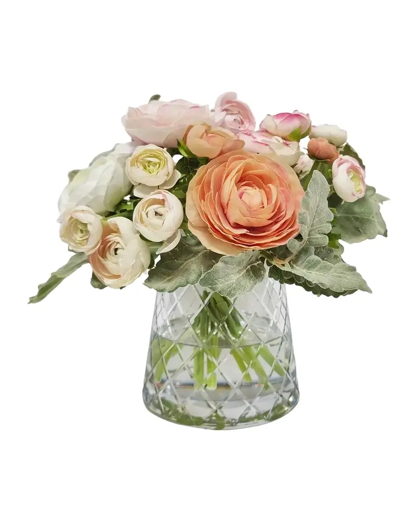 Winward Home Ranunculus Floral Arrangement in Cut Glass Vase 11"