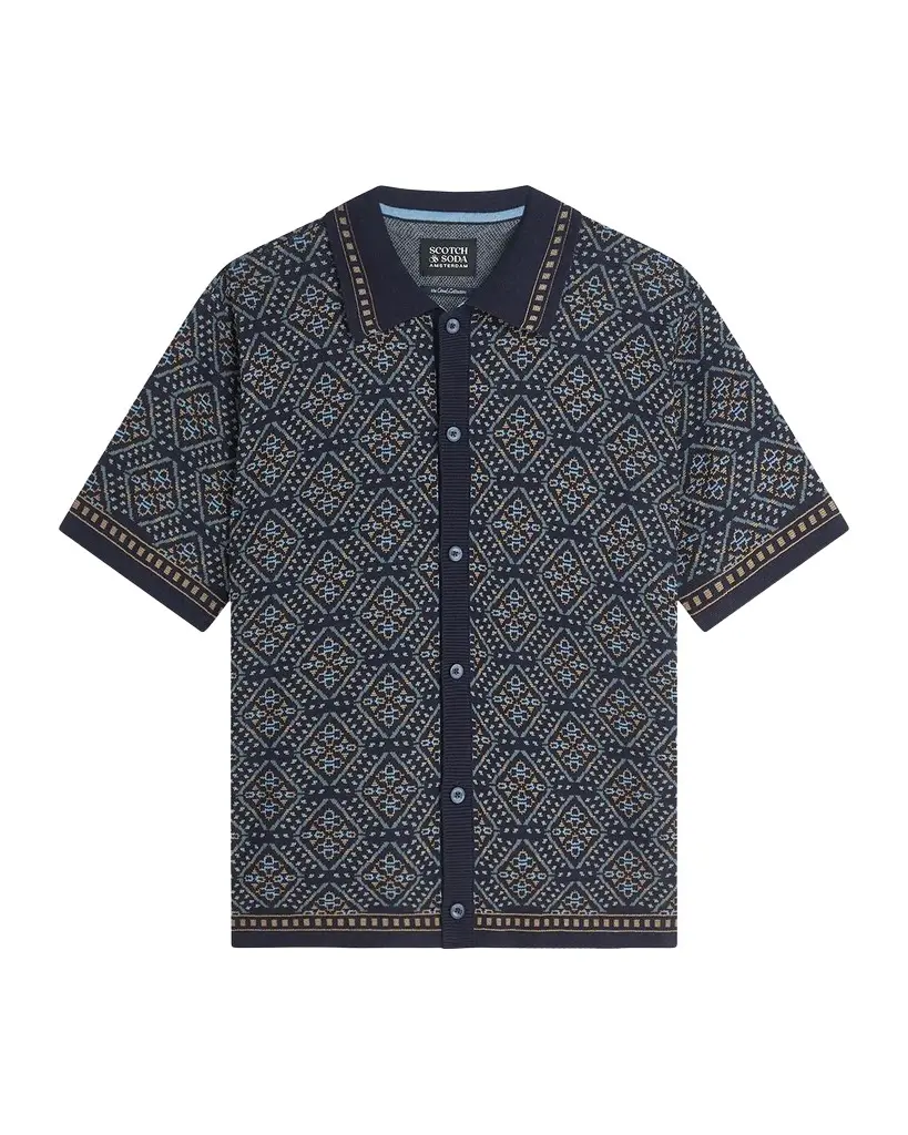 Men's Soft Geo Sky Captain Jacquard Knitted Polo Shirt Men's Soft Geo Sky Captain Jacquard Knitted Polo Shirt