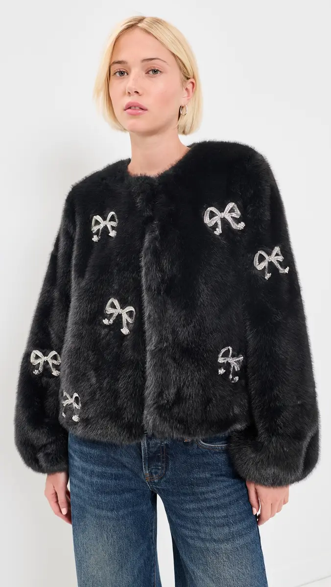 Cinq à Sept Rhinestone Bow Faux Mink Benson Coat | Thumbnail 2