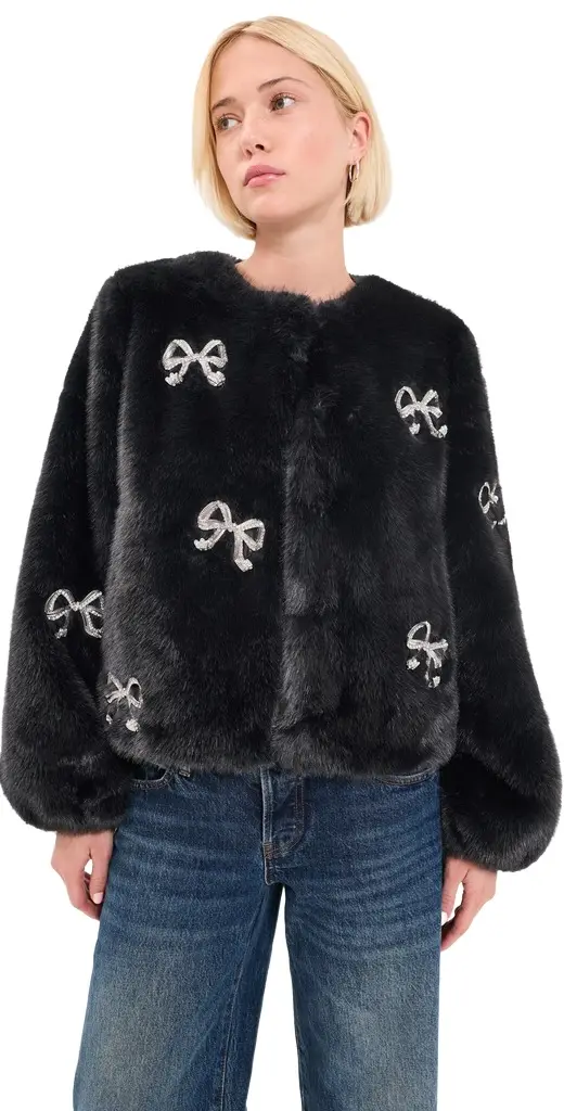 Cinq à Sept Rhinestone Bow Faux Mink Benson Coat