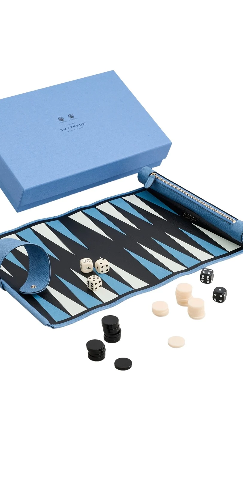 Smythson Backgammon Roll Travel Set Nile Blue