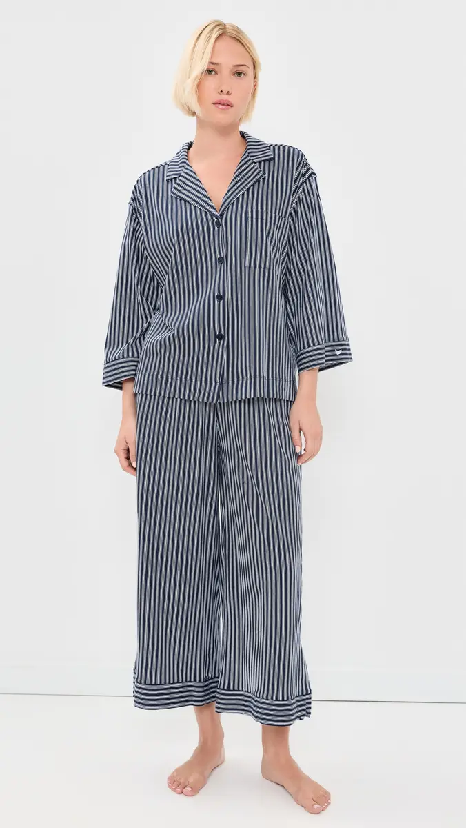 Petite Plume Olivia Wide Leg Pajama Set In Admiral Ticking Navy | Thumbnail 2 Petite Plume Olivia Wide Leg Pajama Set In Admiral Ticking Navy | Thumbnail 2